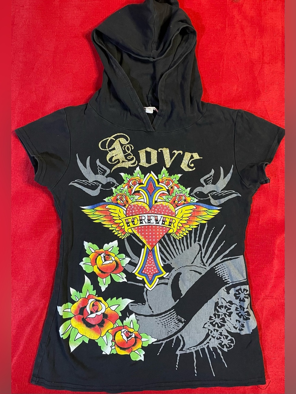 Y2K That’s My Girl Love Forever Tattoo Graphic Hooded Top L Made in USA